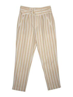 Anthropologie Oasis Linen Blend Pants Pleat Cinch High Waist Stripe Pink 2
